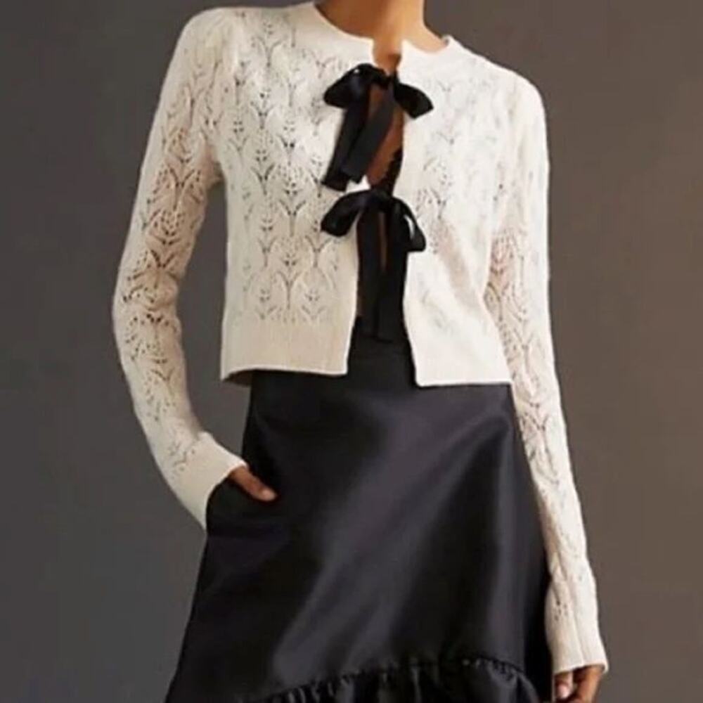 Anthropologie MAEVE Bow-Tie Pointelle Cashmere Cardigan Small